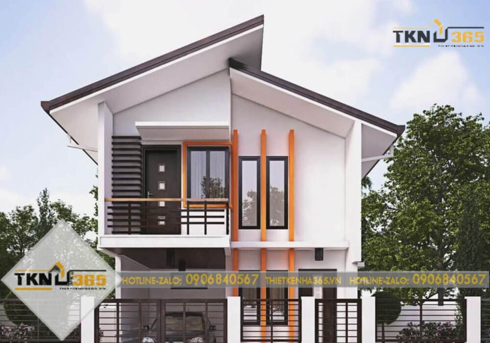 Mẫu nhà tầng lệch 2 tầng hiện đại với hệ khung màu cam nổi bật