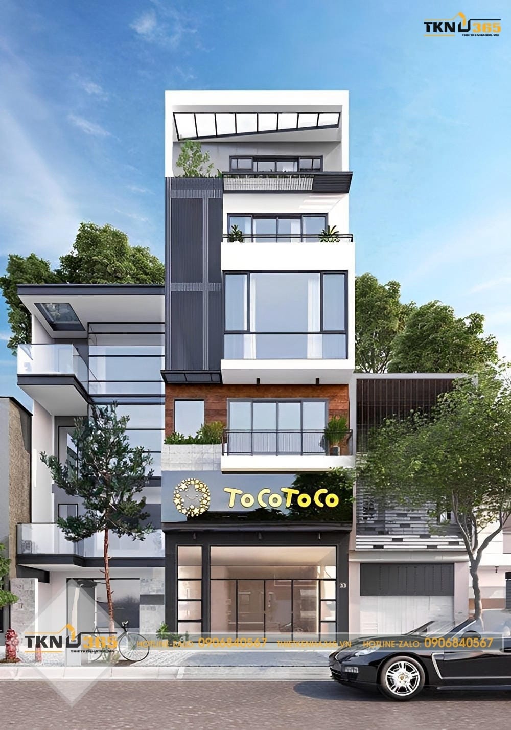 Mẫu nhà ở kết hợp kinh doanh cửa hàng trà sữa kết cấu 4 tầng