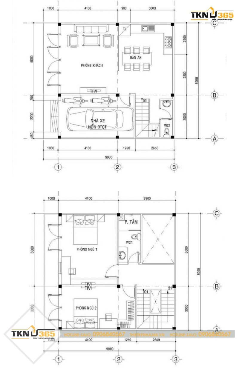 Bản thiết kế nhà vuông 2 tầng 8x9m