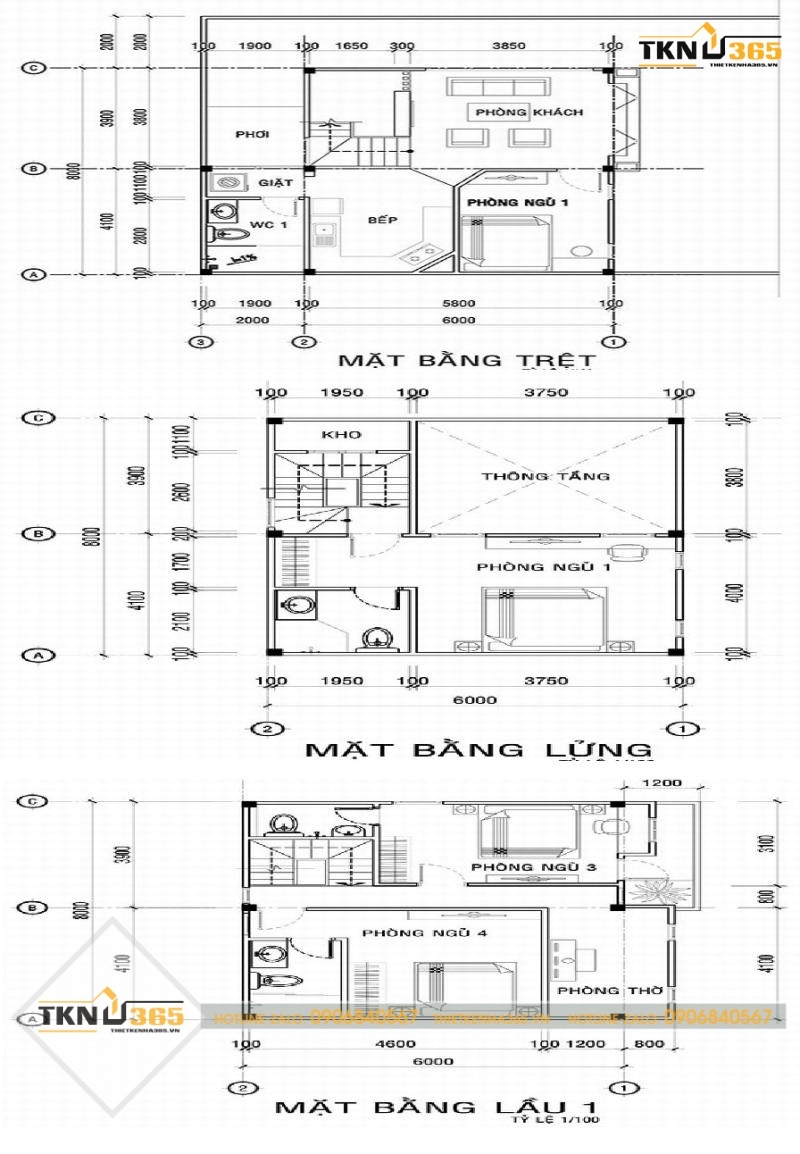Bản vẽ nhà vuông 8x9m 1 trệt 1 lầu 1 lửng