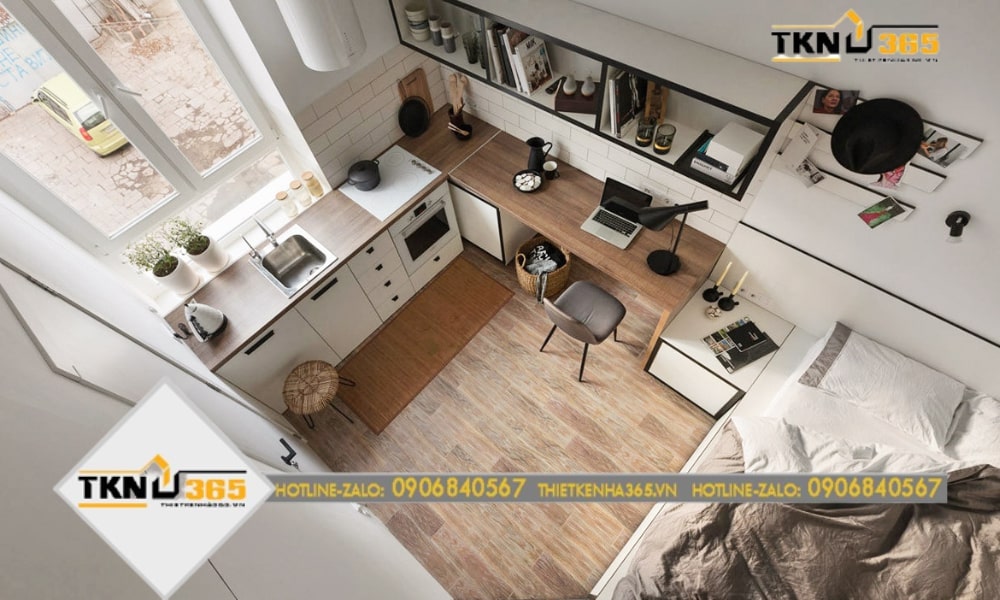 Nhà 15m2 thiết kế phòng khách, bếp và giường ngủ cạnh nhau