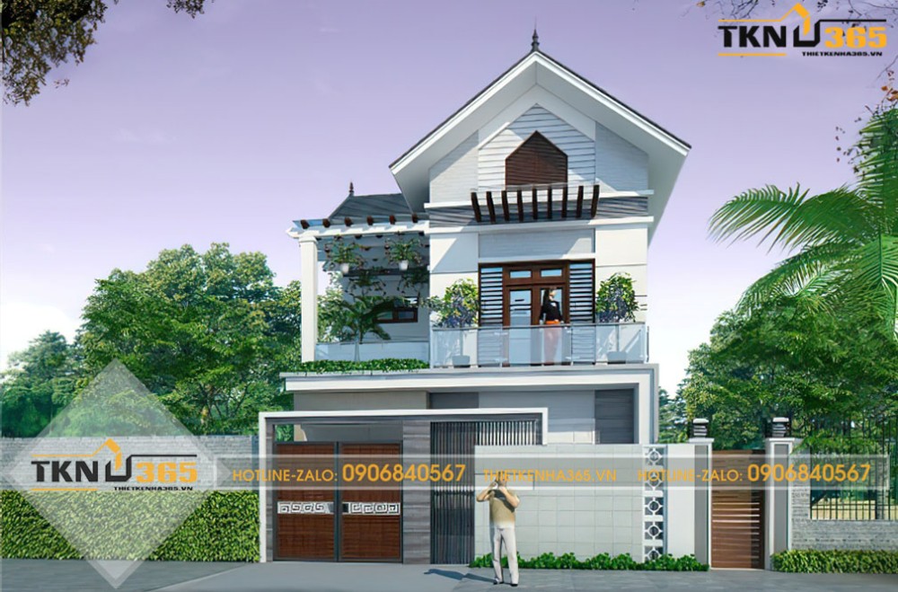 nhà 2 tầng 1 tum mái tôn