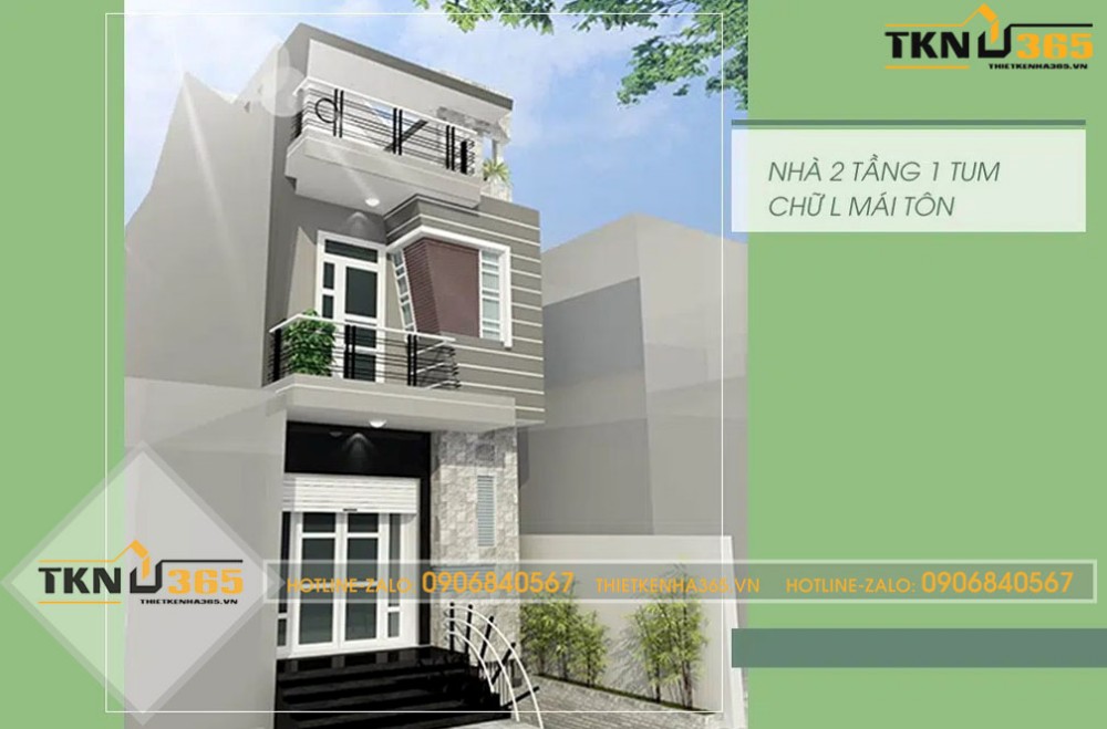 nhà 2 tầng 1 tum mái tôn