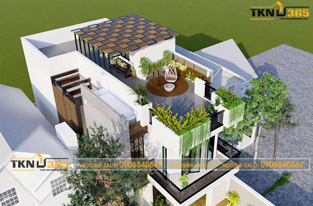 nhà 2 tầng 1 tum mái tôn