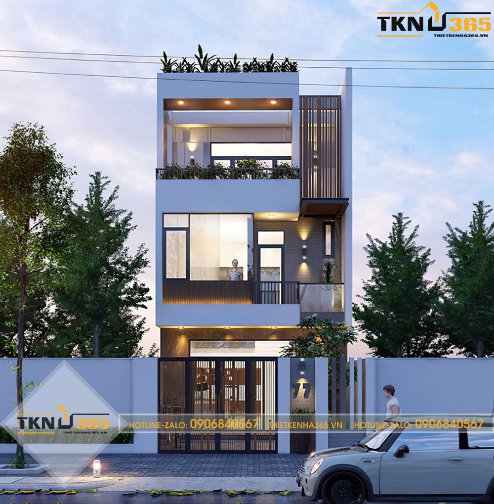 nhà 2 tầng 1 tum mái tôn