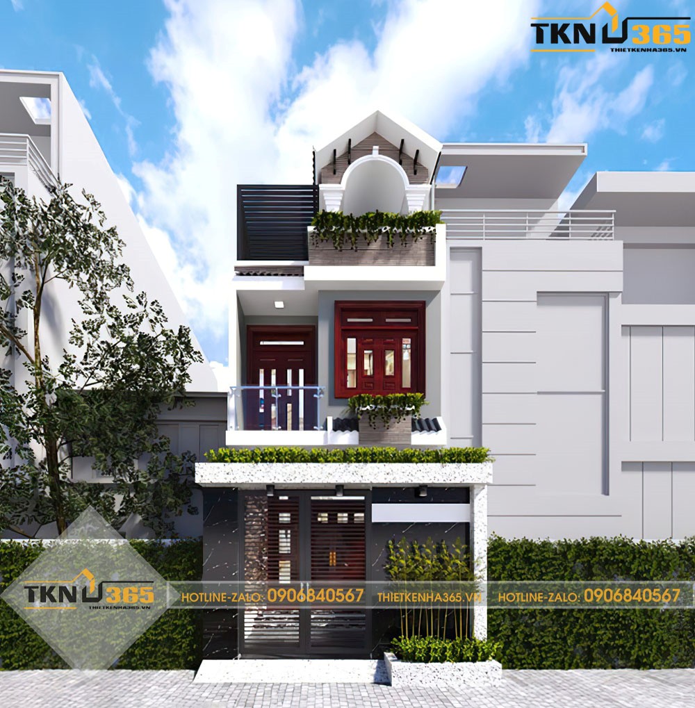 nhà 2 tầng 1 tum mái tôn