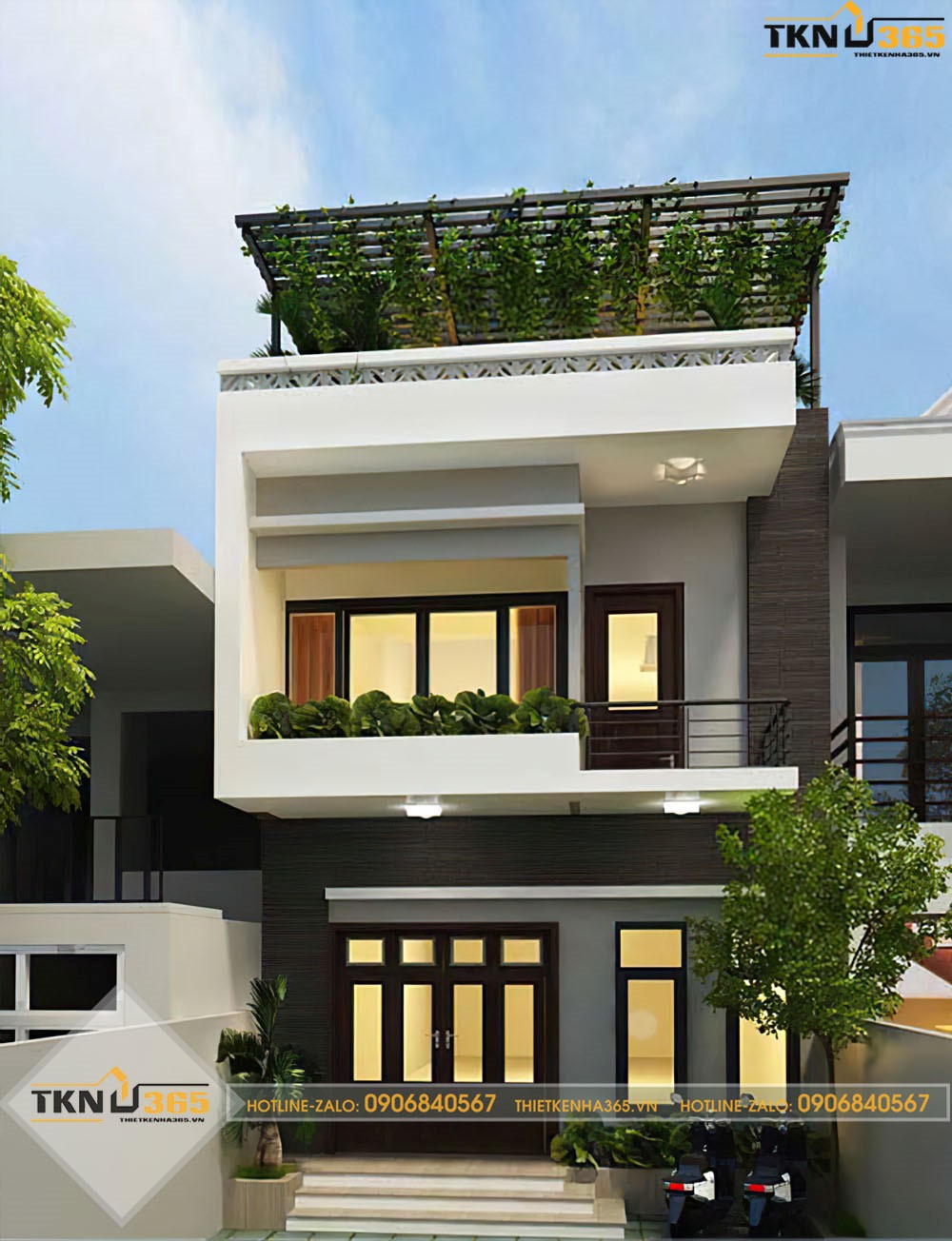 nhà 2 tầng 1 tum mái tôn