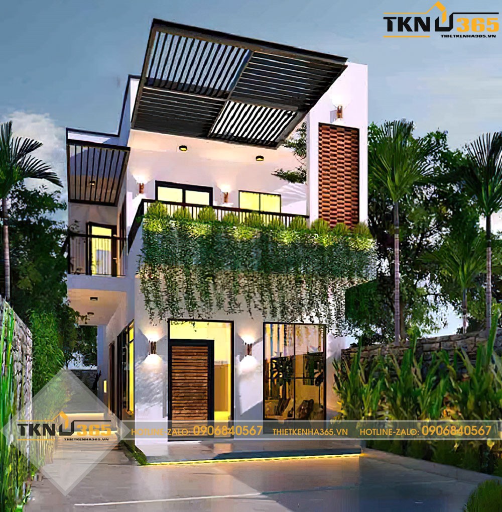 nhà 2 tầng 1 tum mái tôn