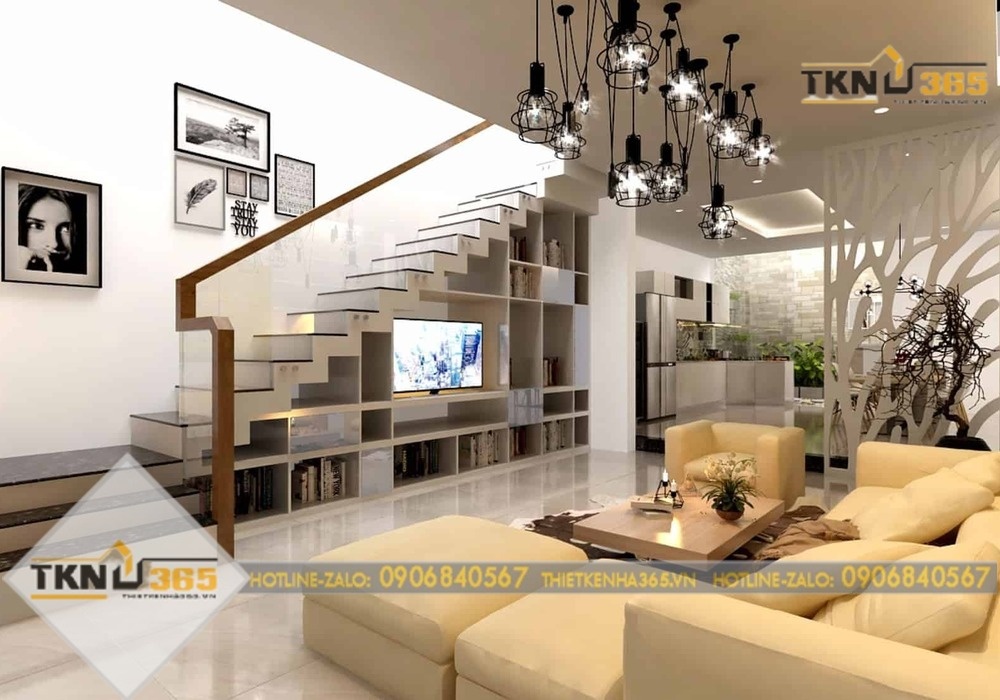 Nội thất phòng khách nhà phố 2 tầng rộng 7m đơn giản, tinh tế