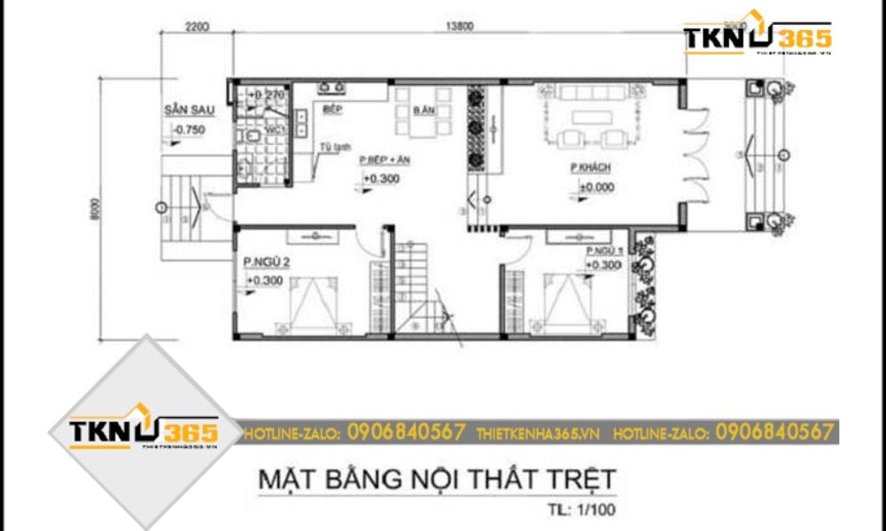 Mặt bằng tầng trệt nhà 2 tầng 4 phòng ngủ diện tích 5x18m