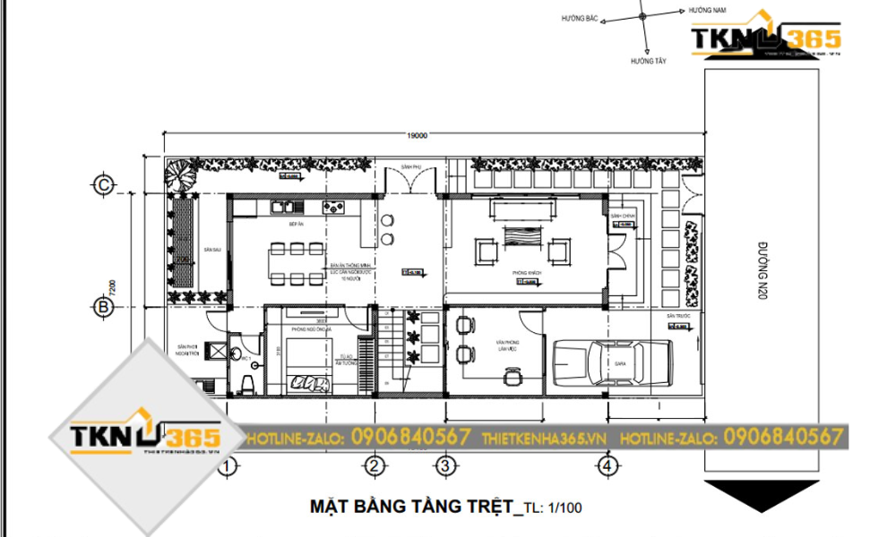 Bản vẽ nhà ngang 7m mặt bằng tầng trệt