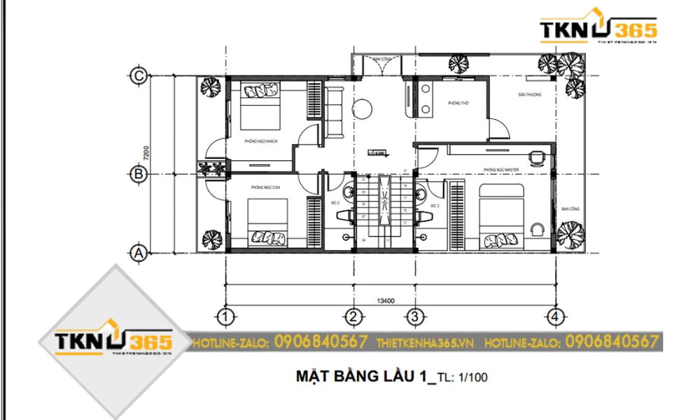 Bản vẽ lầu 1 nhà ngang 7m
