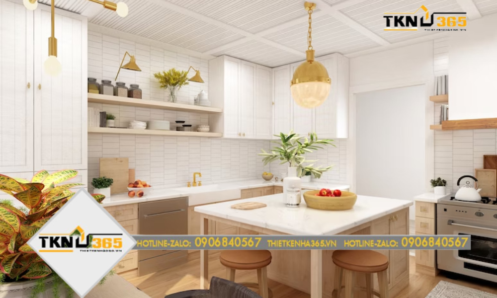 Phòng bếp này được thiết kế với tông màu trắng, nâu và xanh tạo nên không gian mang nhẹ nhàng, gần gũi với thiên nhiên