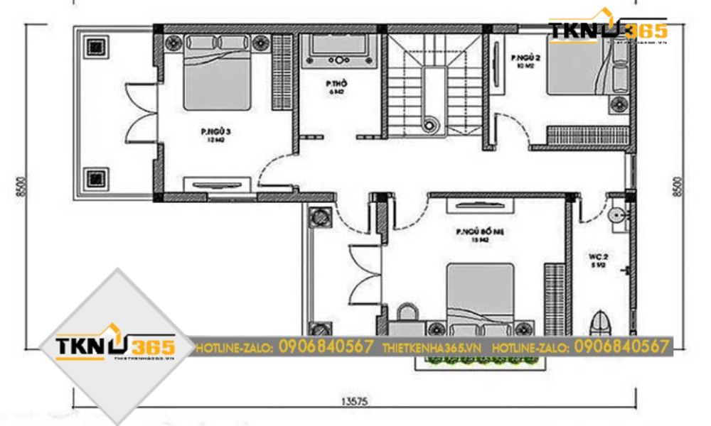 Bản vẽ tầng 2 nhà diện tích 6x15m 2 tầng 4 phòng ngủ