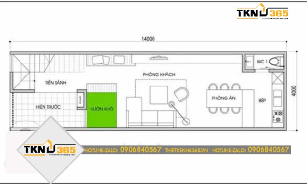 Bản vẽ tầng 1 nhà 2 tầng có nhiều cây xanh