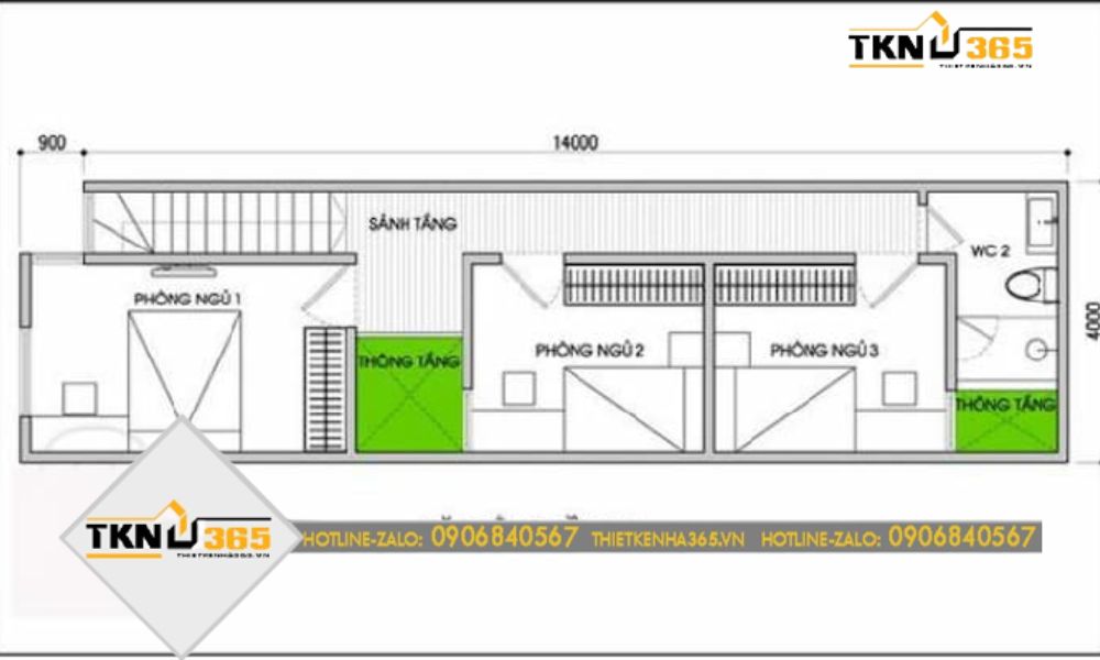 Bản vẽ tầng 2 nhà 2 tầng có nhiều cây xanh