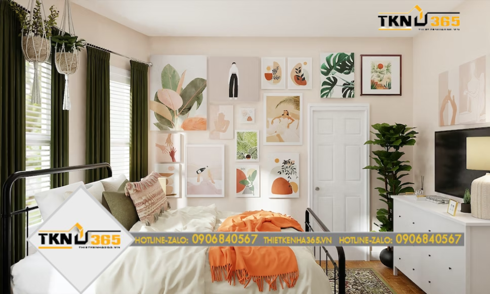 Một chiếc giường đơn kết hợp với các màu sắc tươi sáng, tranh treo tường hoa lá mang lại cảm giác trẻ trung và năng động cho căn phòng