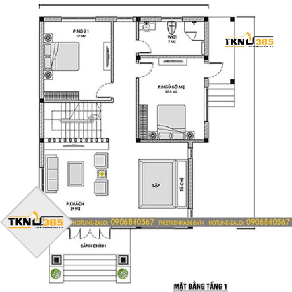 Mặt bằng tầng 1 nhà diện tích 8x15m 2 tầng 4 phòng ngủ