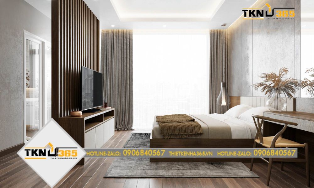 Phòng ngủ theo gam nâu gỗ nhất quán của cả căn nhà