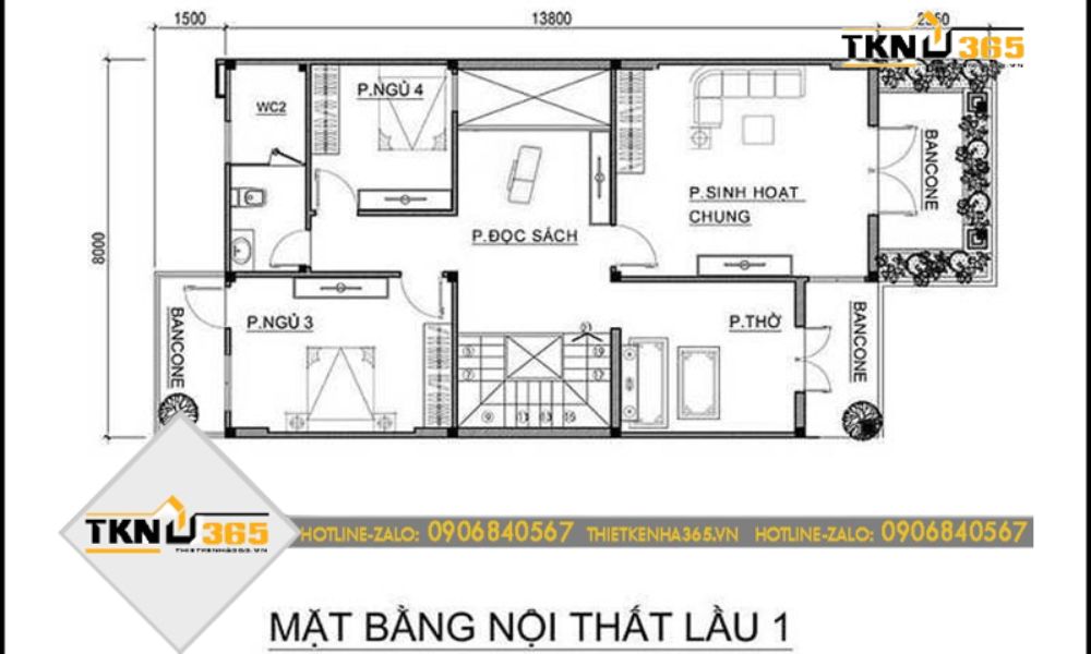 Mặt bằng tầng 1 nhà 2 tầng 4 phòng ngủ diện tích 5x18m