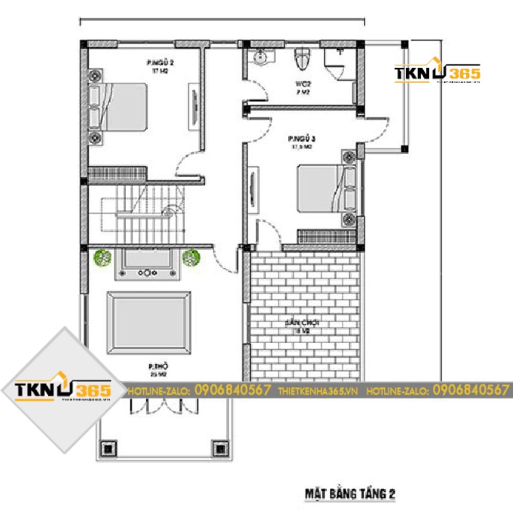 Mặt bằng tầng 2 nhà diện tích 8x15m 2 tầng 4 phòng ngủ