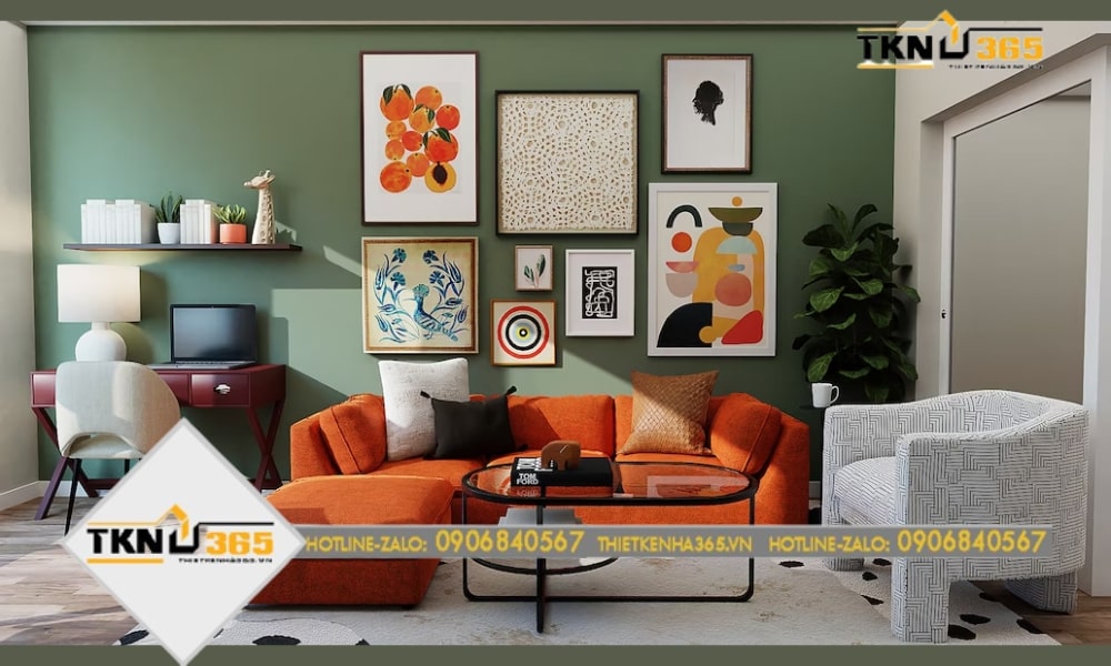 Không gian phòng khách hoài cổ với sofa và các bức tranh tạo nên cảm giác sang trọng và quý phái