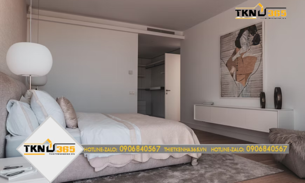 Phòng ngủ có không gian lãng mạn với giường đệm màu hồng, thảm lông trải sàn và tranh treo tường nghệ thuật