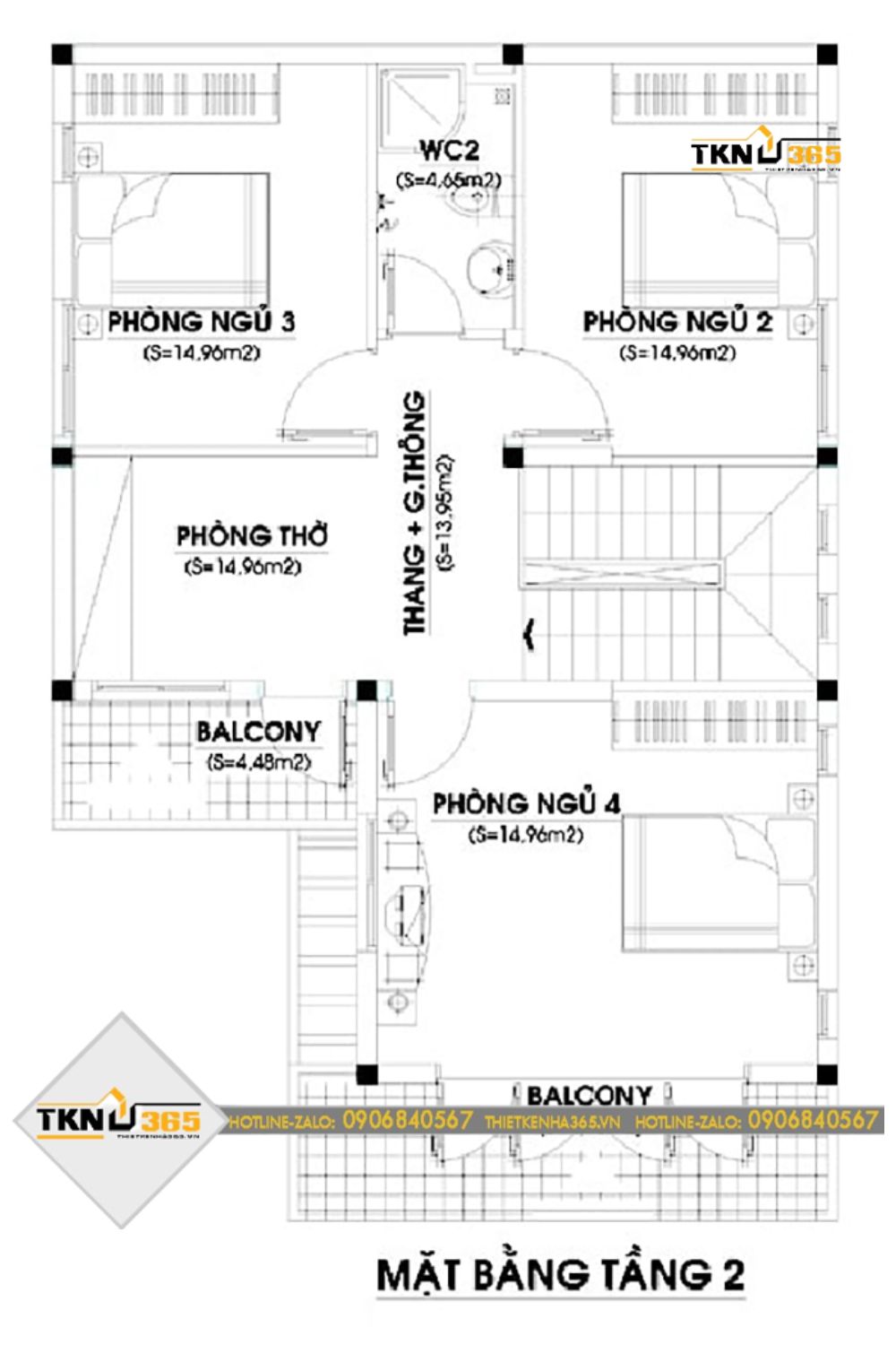 Mặt bằng tầng 2 nhà 60m2 2 tầng 4 phòng ngủ