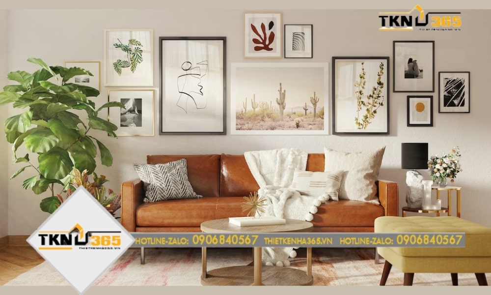 Một góc phòng khách nhỏ nhắn với bàn sofa và cây cảnh xinh xắn, tạo cảm giác gần gũi và ấm cúng