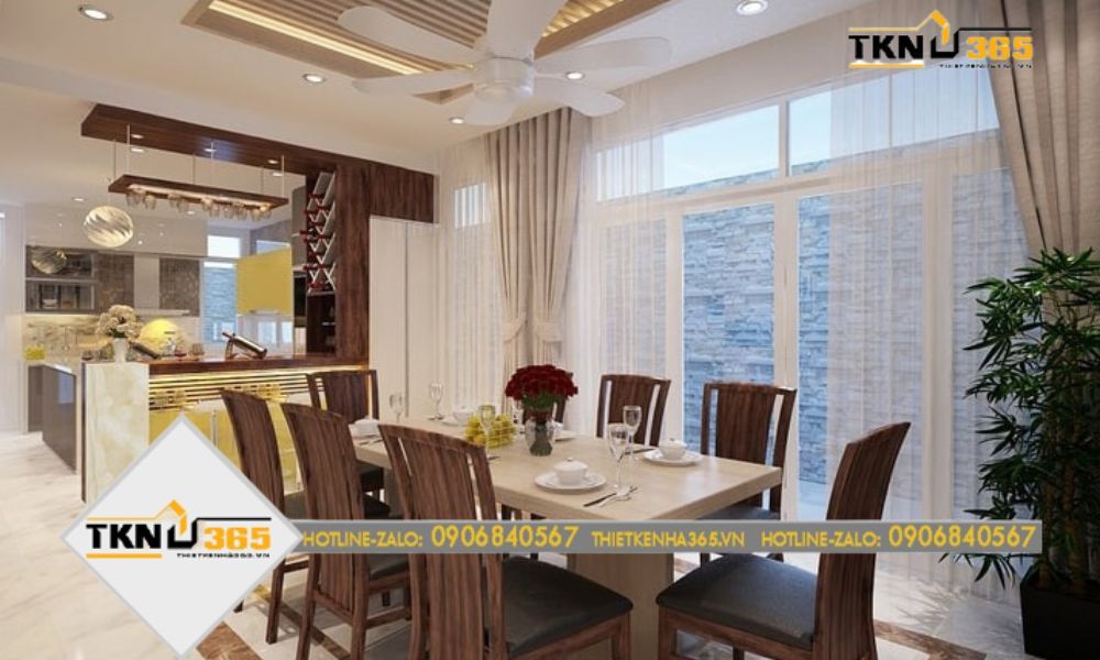 Phòng ăn nối liền phòng bếp theo lối thiết kế đơn, tiết kiệm diện tích