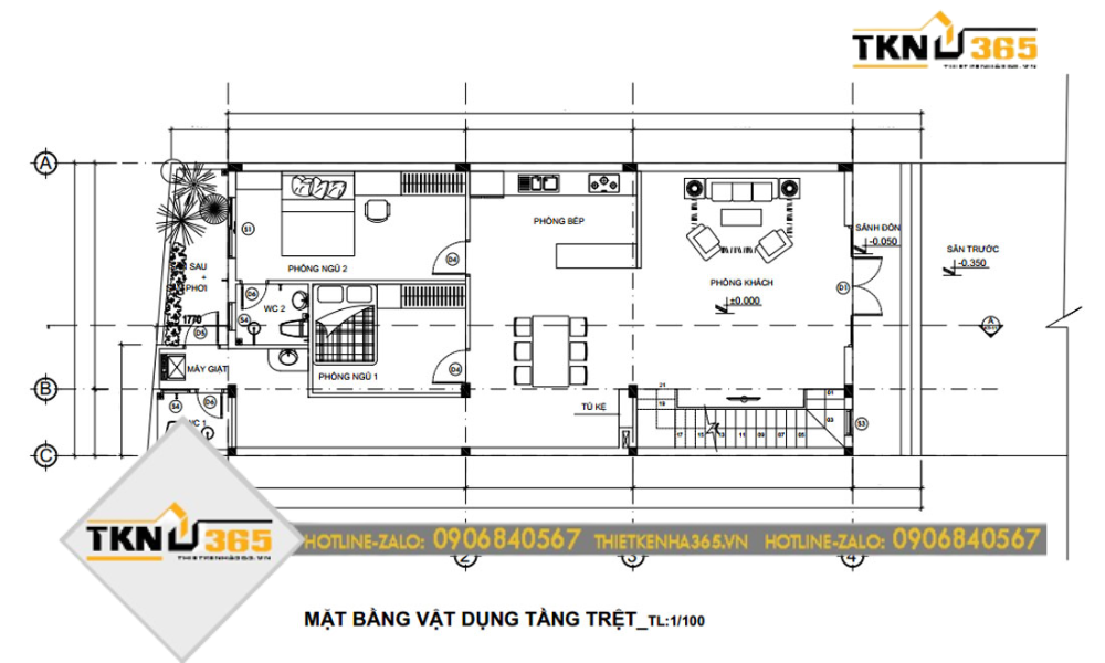 Bản vẽ chức năng tầng trệt thiết kế nhà phố chiều rộng 7m