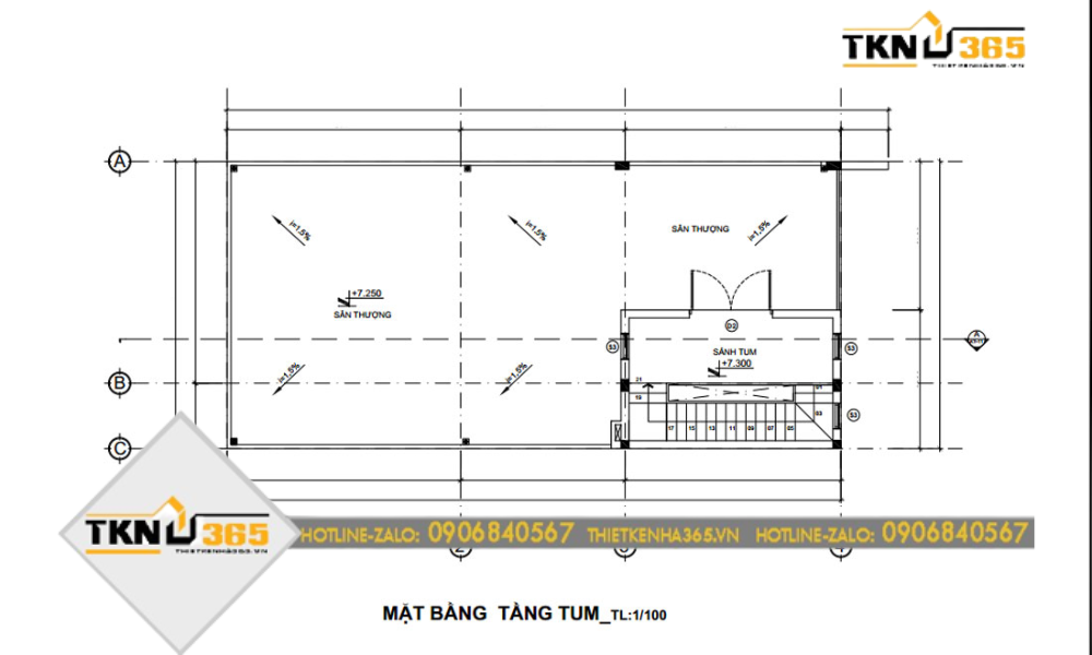 Bản vẽ chức năng tầng tum thiết kế nhà phố ngang 7m