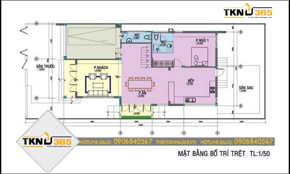 Mặt bằng bố trí tầng trệt nhà 80m2 2 tầng 4 phòng