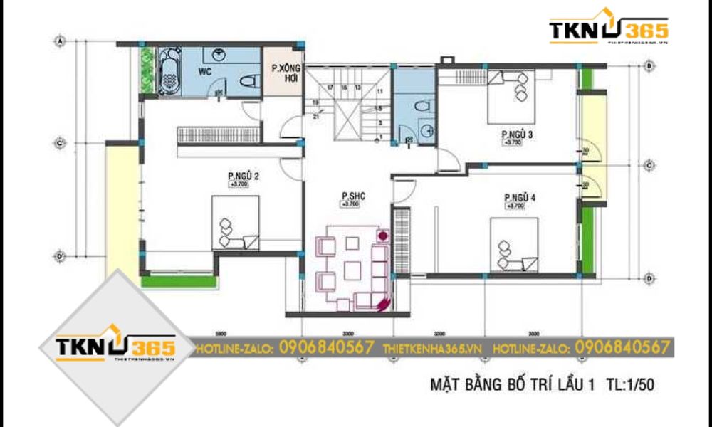 Mặt bằng bố trí tầng 2 nhà 2 tầng 4 phòng ngủ 80m2
