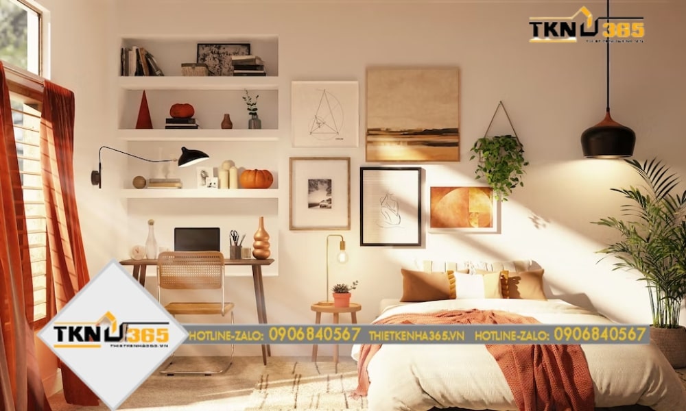 Bộ giường và bàn ghế làm việc với chất liệu gỗ, tông màu trầm ấm, tạo nên không gian ấm cúng và dễ chịu