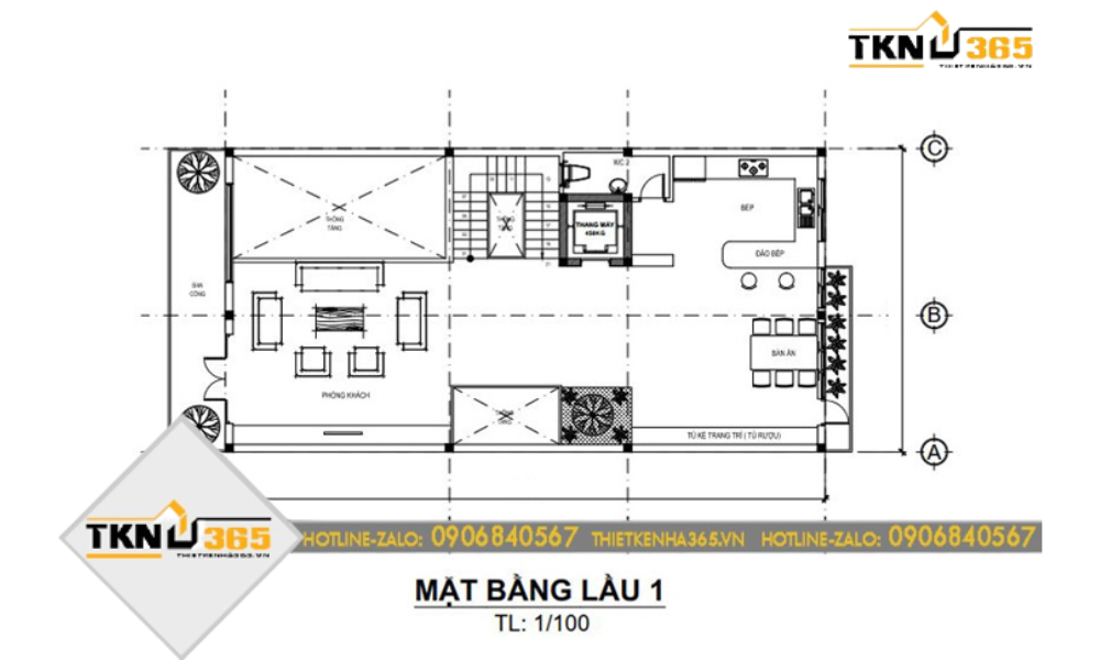 Mặt bằng tầng 1 nhà đẹp ngang 7m