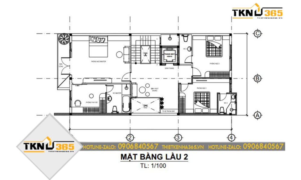 Mặt bằng tầng 2 nhà phố hiện đại 7m