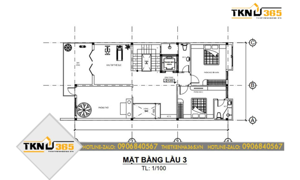 Thiết kế tầng 3 nhà mặt tiền rộng 7m