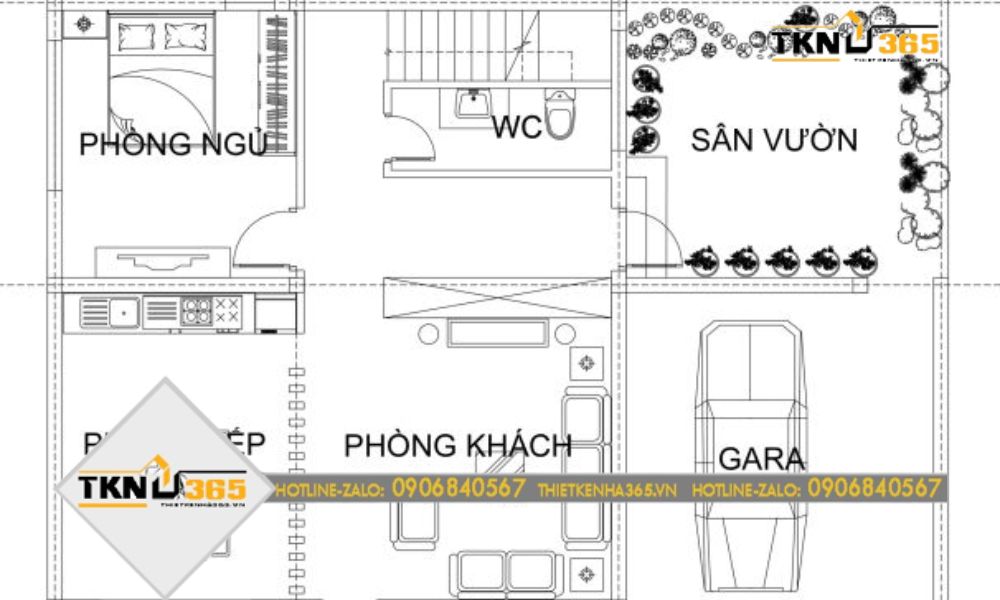 Mặt bằng tầng 1 nhà 2 tầng 4 phòng ngủ 90m2