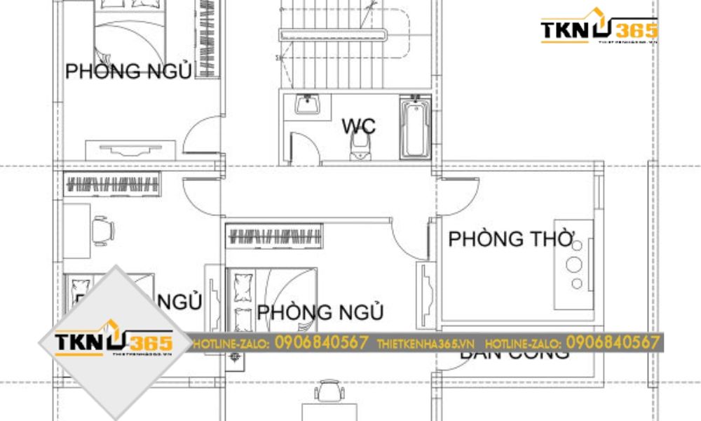 Mặt bằng tầng 2 nhà 2 tầng 4 phòng ngủ 90m2