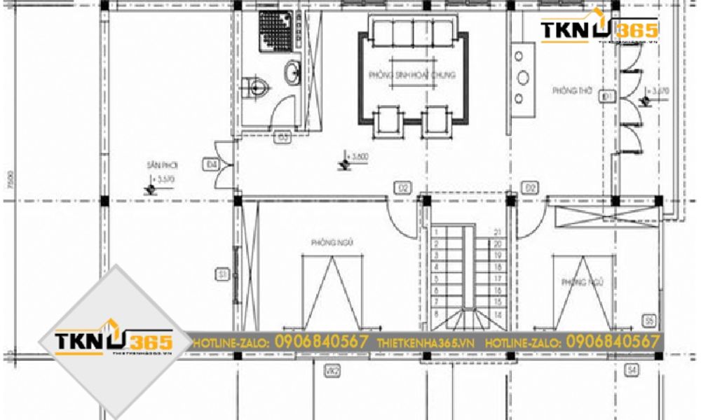 Mặt bằng tầng 2 nhà 2 tầng 4 phòng ngủ 100m2