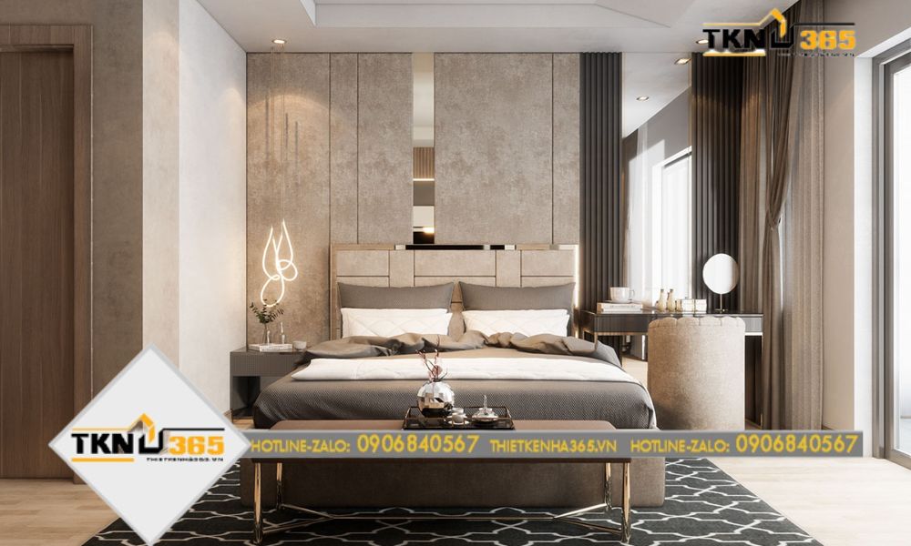 Phòng ngủ với tường kính lấy ánh sáng tự nhiên tốt, thoáng mát