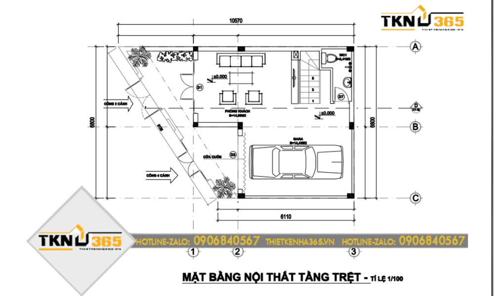 Bố trí tầng trệt nhà phố hiện đại 7m