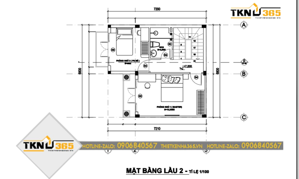 Bản vẽ công năng lầu 2 nhà đẹp ngang 7m