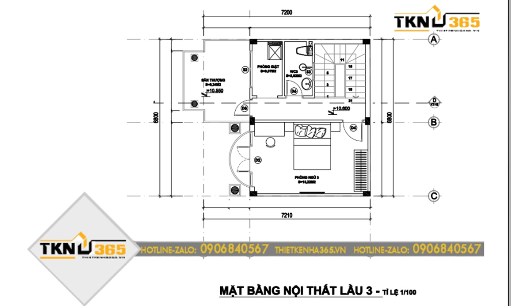 Mặt bằng lầu 3 nhà đẹp ngang 7m