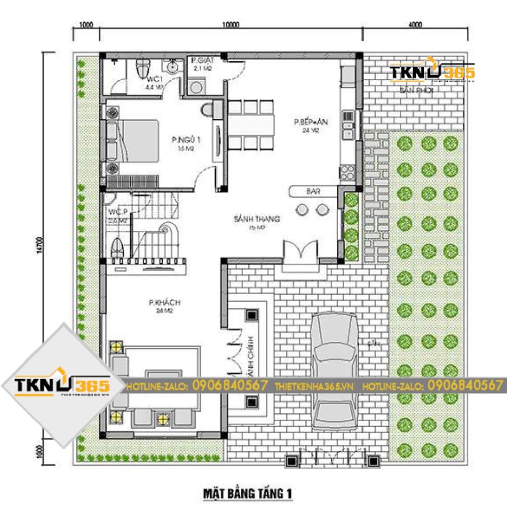 Mặt bằng tầng 1 nhà 2 tầng 4 phòng ngủ 110m2
