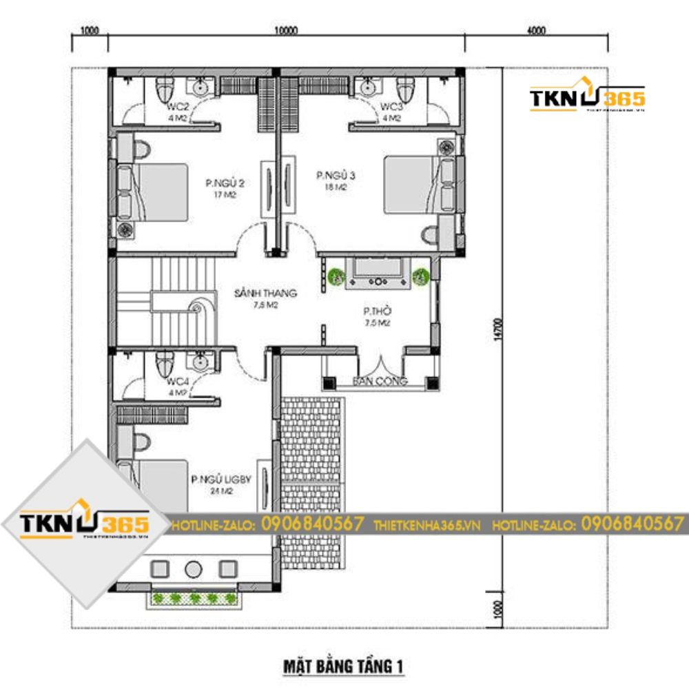 Mặt bằng tầng 2 nhà 2 tầng 4 phòng ngủ 110m2
