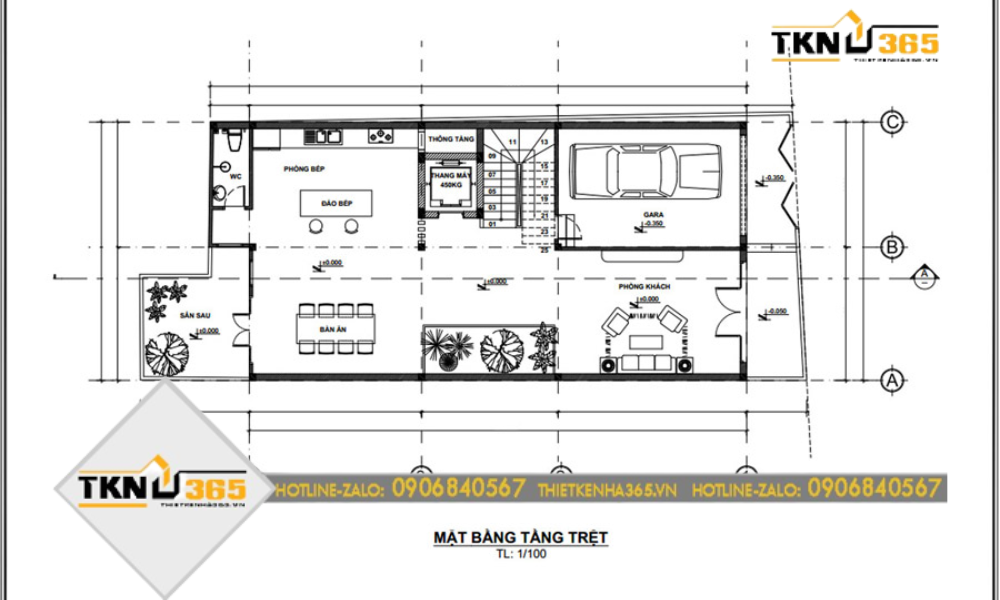 Tầng trệt thiết kế nhà phố chiều rộng 7m