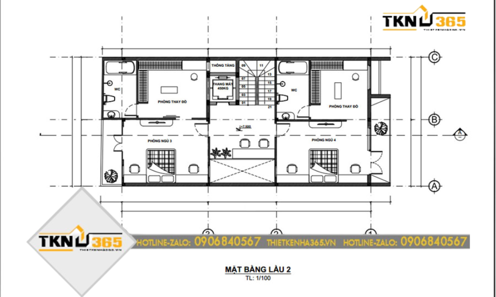 Thiết kế lầu 2 nhà chiều ngang 7m