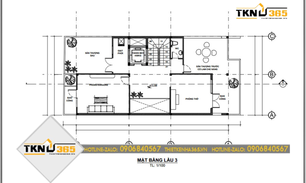 Bản vẽ chức năng tầng 3 nhà ngang 7m